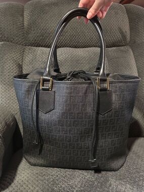 Fendi Black Zucca Logo-Embossed Leather Tote